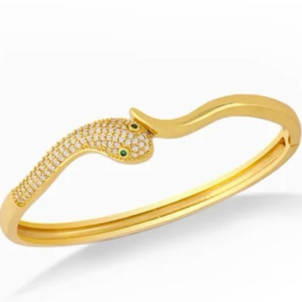 18k Gold Plated Stainless Steel AAA CZ Snake Bangle Bracelet Emerald Green Eyes - Picture 3 of 4